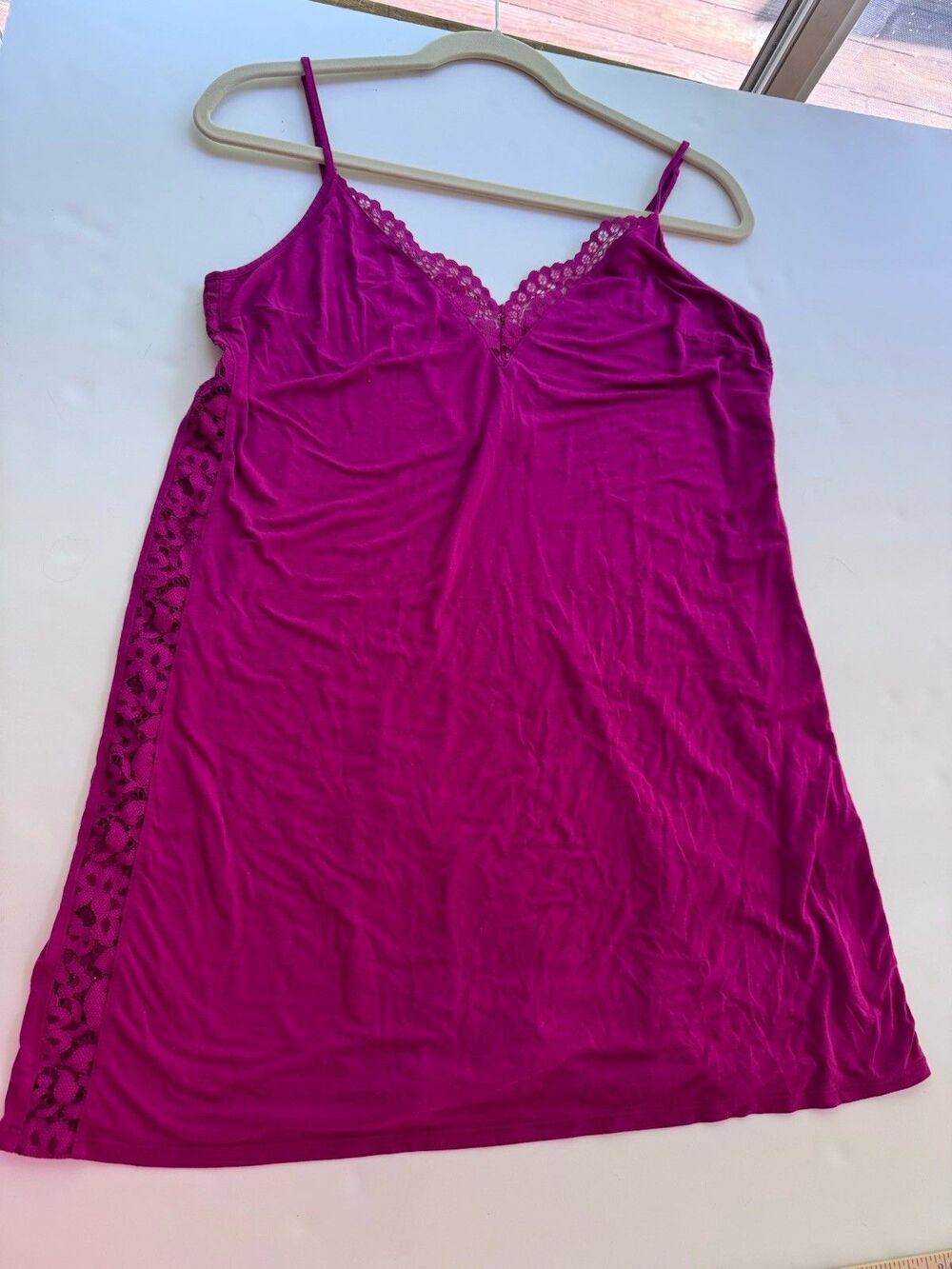 Victoria's Secret Magenta Lace Trim Slip Dress Nightgown L Strappy Back Coquette - Picture 8 of 8